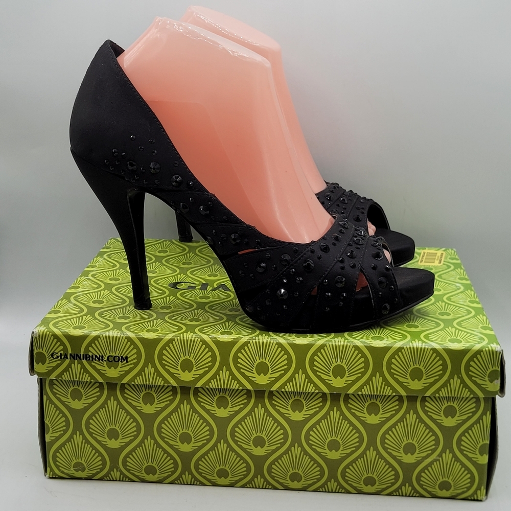 Gianni Bini Anna Rhinestone Black 4" Peep Toe Heels Size 8